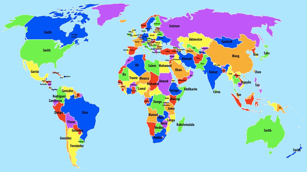 Ένας χάρτης δείχνει τα πιο συνηθισμένα επίθετα, σε κάθε μια χώρα ...